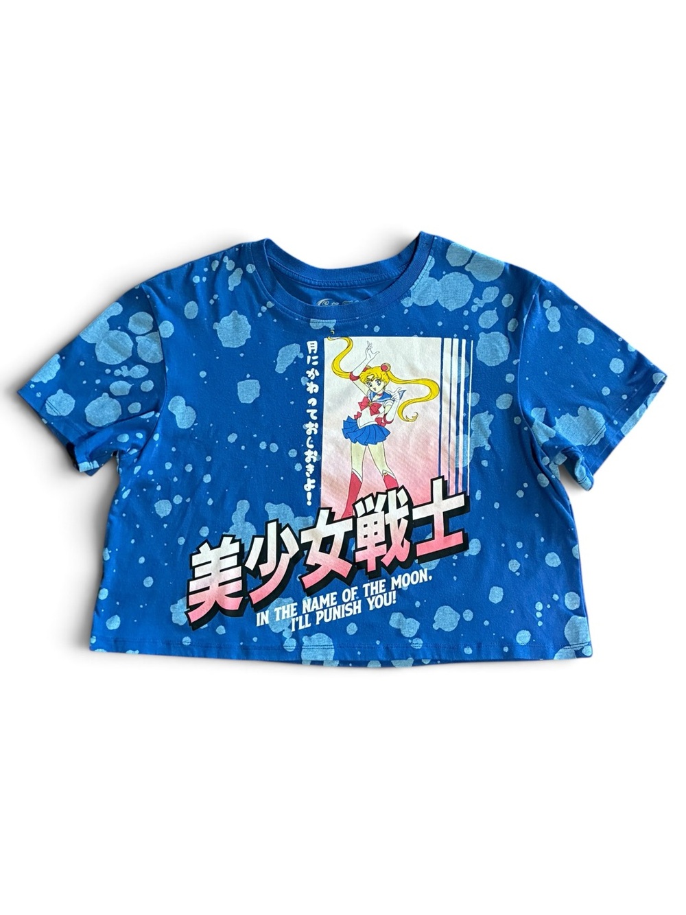 Sailor Moon Cropped Graphic Tee T-Shirt Blue Bleach Splatter Anime Women’s SZ M